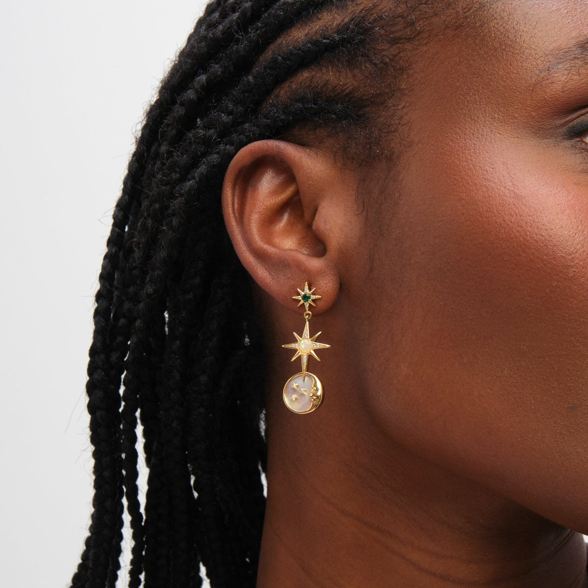Inicio Gold Plated Emerald and Mother of Pearl Celestial Drop Earrings - Gift Pouch