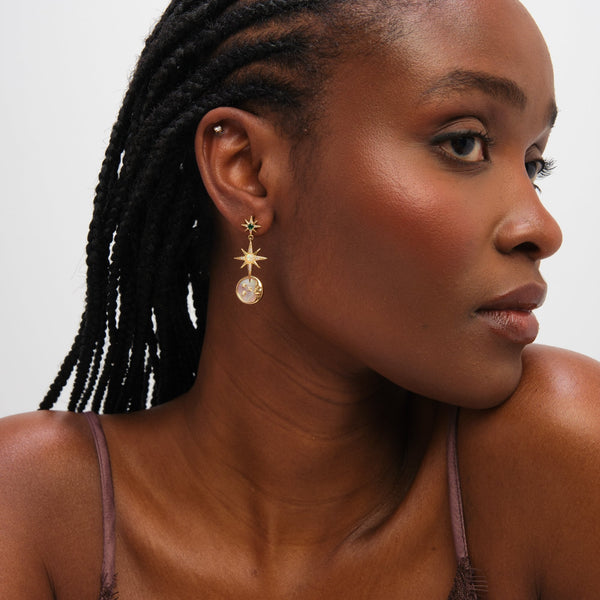 Inicio Gold Plated Emerald and Mother of Pearl Celestial Drop Earrings - Gift Pouch