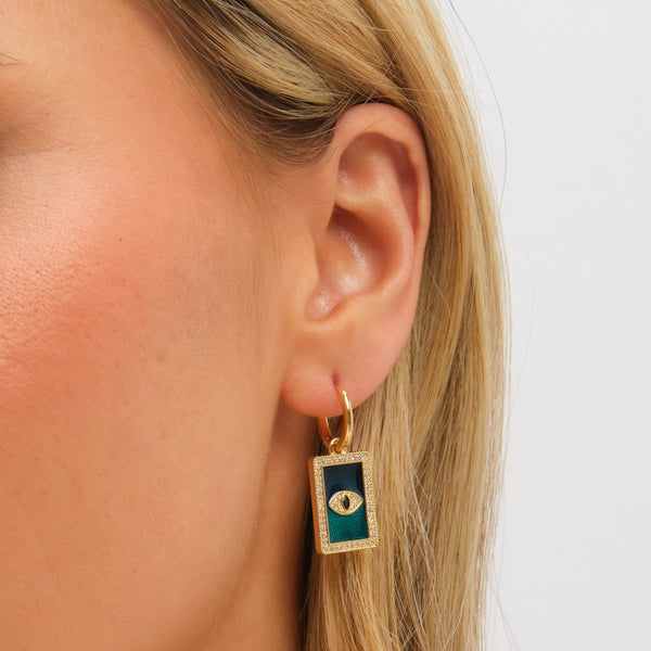 Inicio Gold Plated and Green Evil Eye Charm Huggie Earrings - Gift Pouch