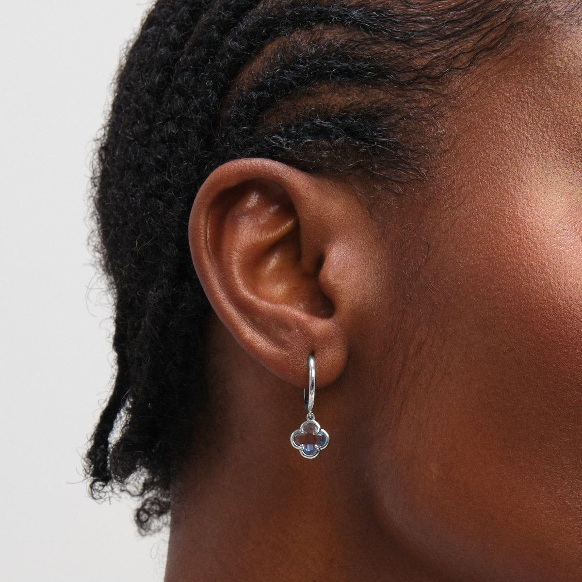 Inicio Sterling Silver Light Sapphire Clover Charm Huggie Hoops