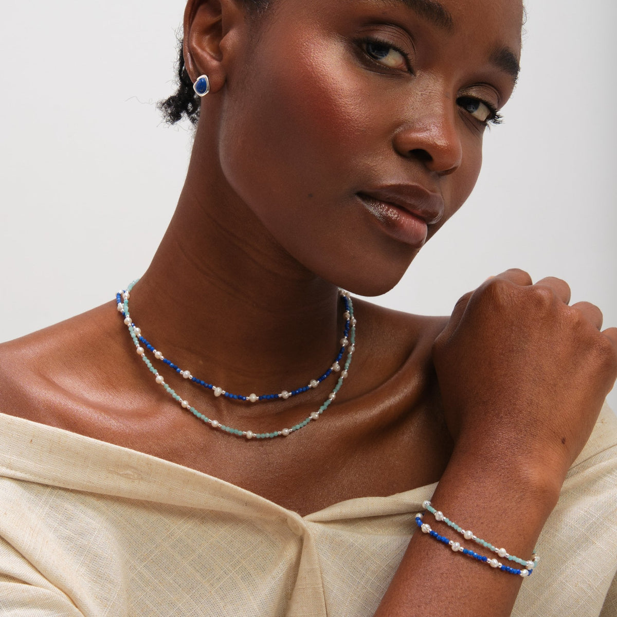 Inicio Sterling Silver Lapis And Pearl Necklace - Gift Pouch