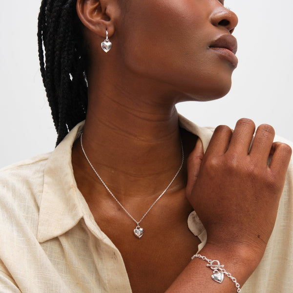 Inicio Sterling Silver Polished Bezel Heart T Bar Bracelet - Gift Pouch