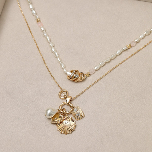 Mood Gold Plated Multi Row Charm Pearl Necklace