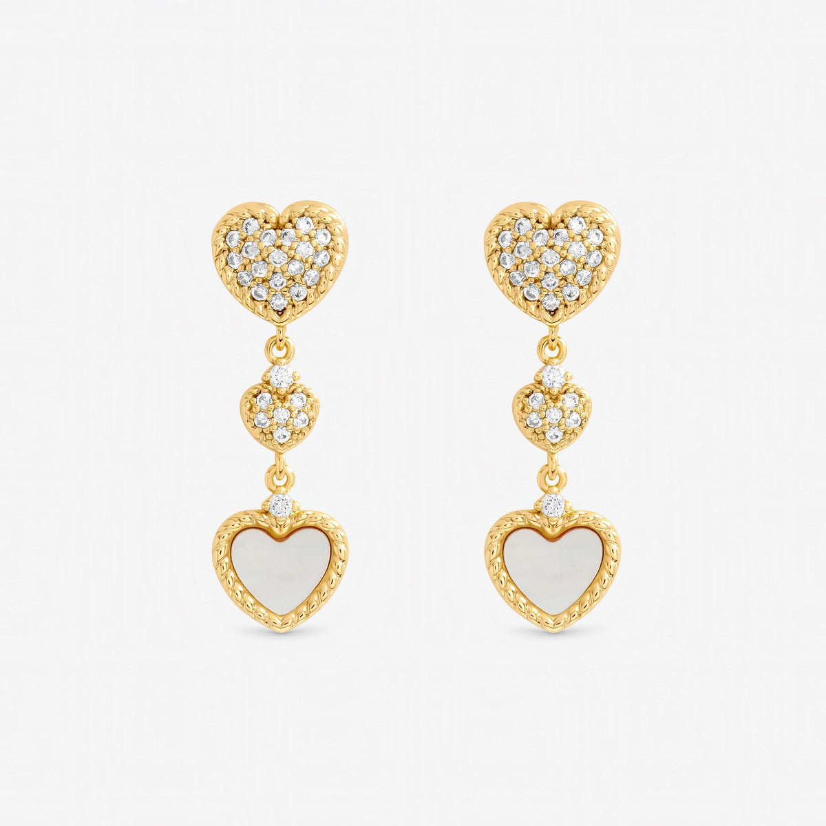 Inicio Gold Plated Mother of Pearl and Pave Heart Drop Earrings - Gift Pouch