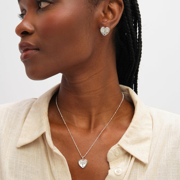 Inicio Sterling Silver Mother of Pearl Tree Of Love Heart Set - Gift Box