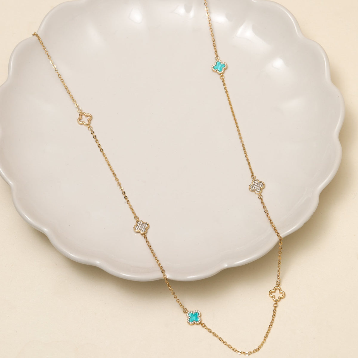 Jon Richard Gold Plated and Turquoise Long Station Clover Necklace