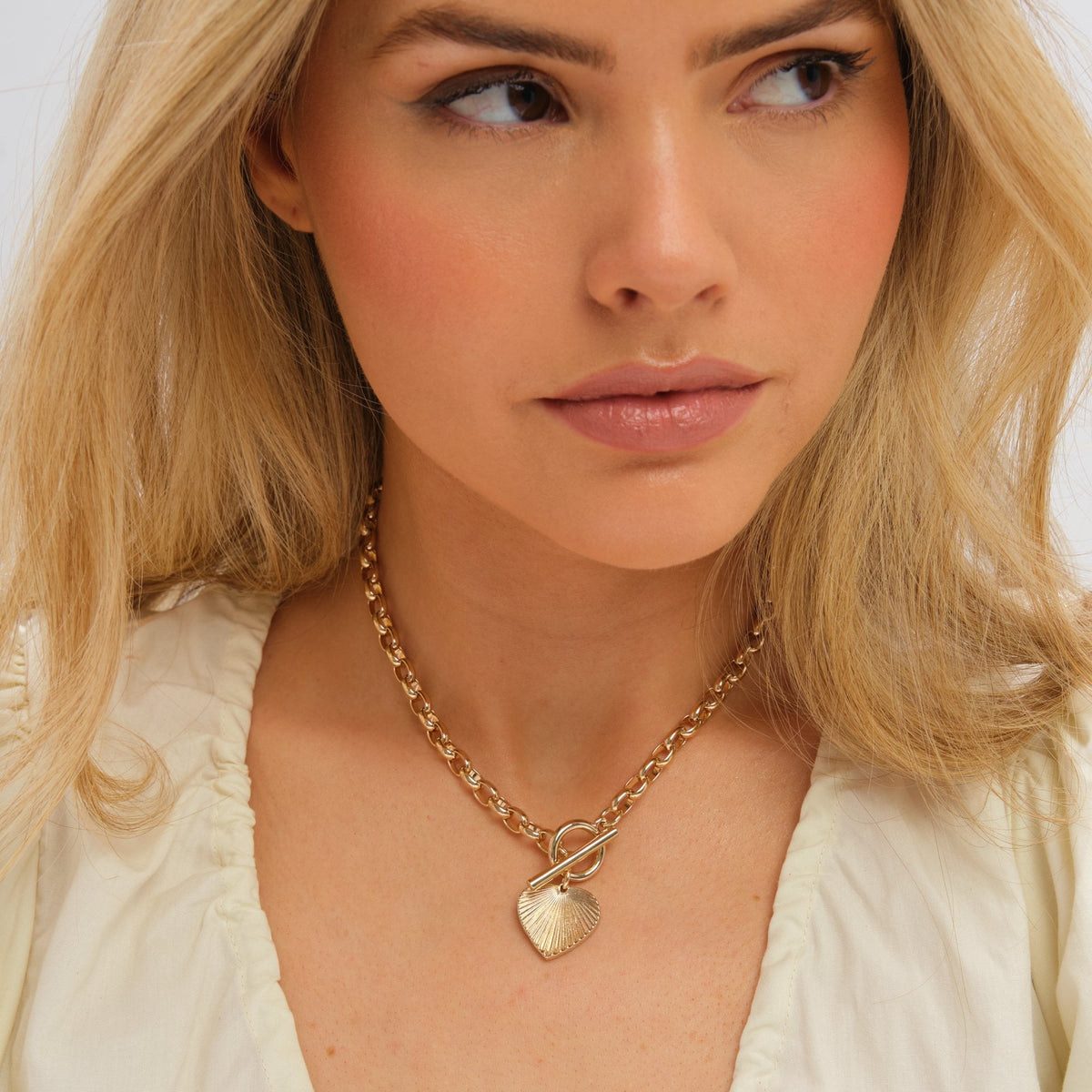 Inicio Gold Plated Diamond Cut Heart T-Bar Necklace - Gift Pouch