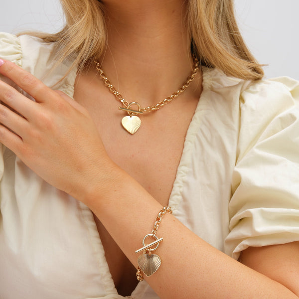 Inicio Gold Plated Diamond Cut Heart T-Bar Necklace - Gift Pouch
