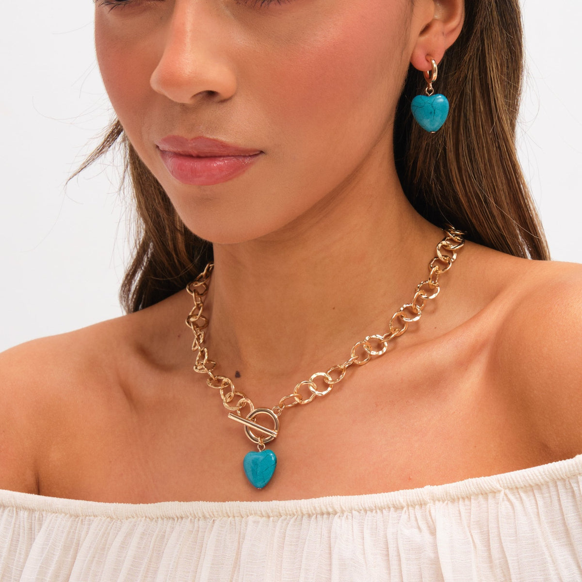 Mood Gold Plated and Turquoise Heart T-Bar Necklace