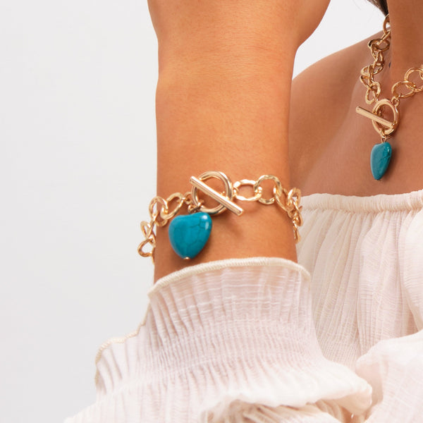 Mood Gold Plated and Turquoise Heart T-Bar Bracelet
