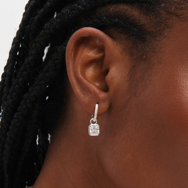 Inicio Sterling Silver Cushion Drop Cubic Zirconia Pave Hoops - Gift Pouch