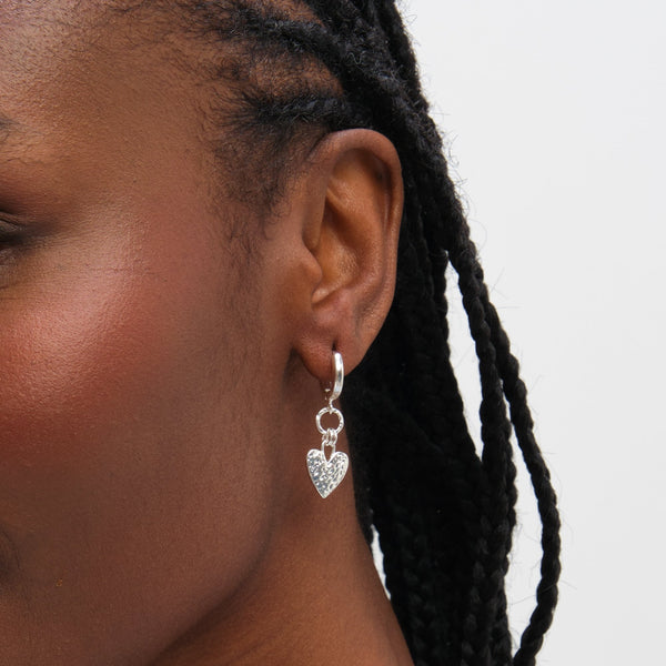 Inicio Sterling Silver Hammered Heart Link Drop Hoop Earrings