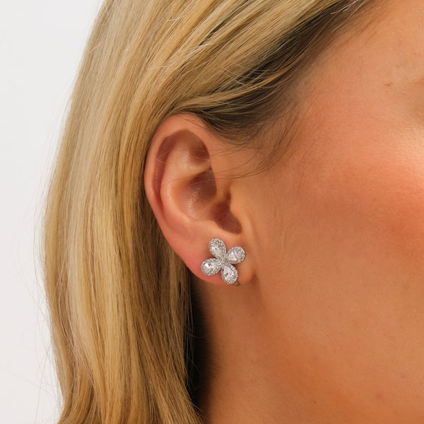 Jon Richard Rhodium Plated and Crystal Floral Clip Earrings