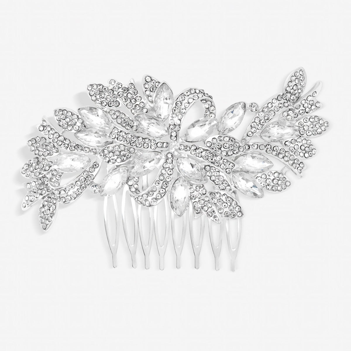 Silver Navette Crystal Ribbon Swirl Comb