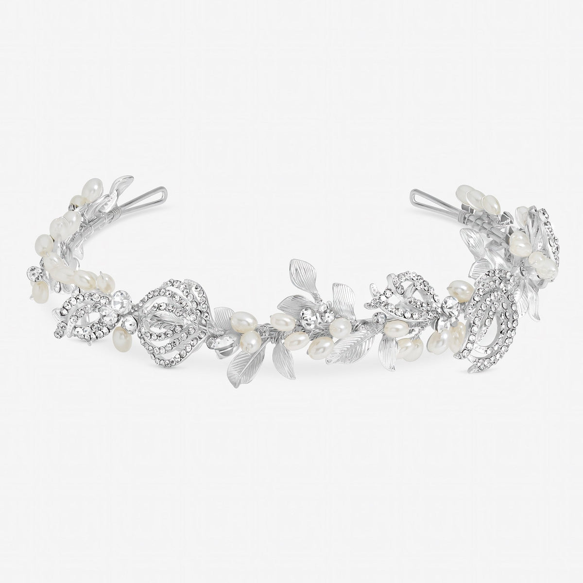Delilah Silver Pave Feather and Pearl Tiara