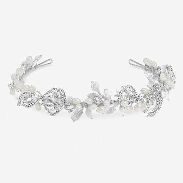 Delilah Silver Pave Feather and Pearl Tiara