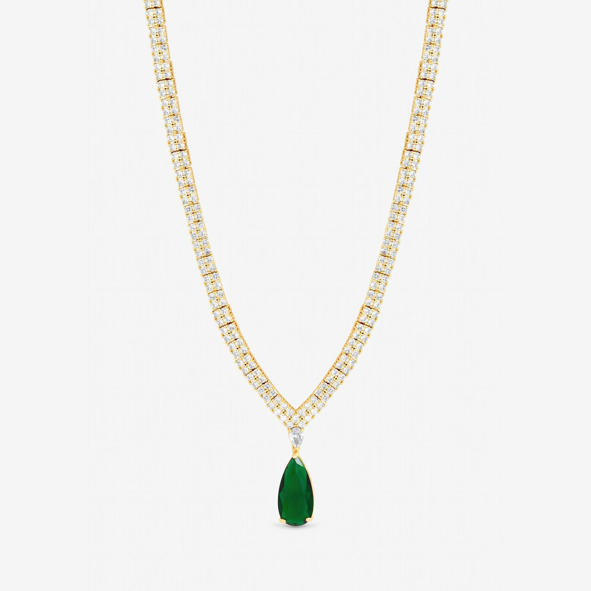 Gold Plated Cubic Zirconia Emerald Green Pear Drop Collar Necklace - Gift Boxed