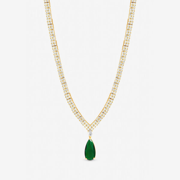 Gold Plated Cubic Zirconia Emerald Green Pear Drop Collar Necklace - Gift Boxed