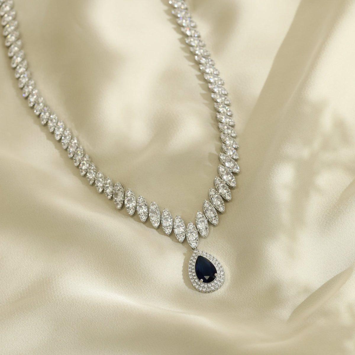 Silver Plated Cubic Zirconia Baguette Navette Blue Sapphire Pear Drop Necklace - Gift Boxed