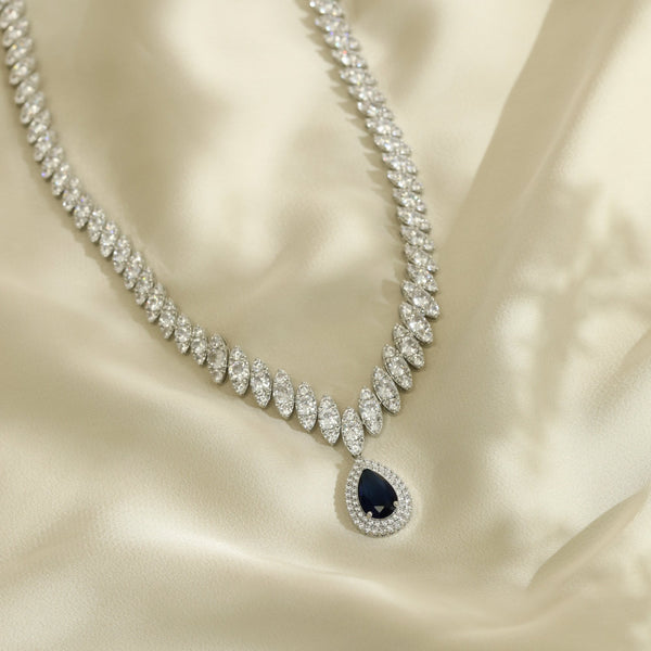 Silver Plated Cubic Zirconia Baguette Navette Blue Sapphire Pear Drop Necklace - Gift Boxed