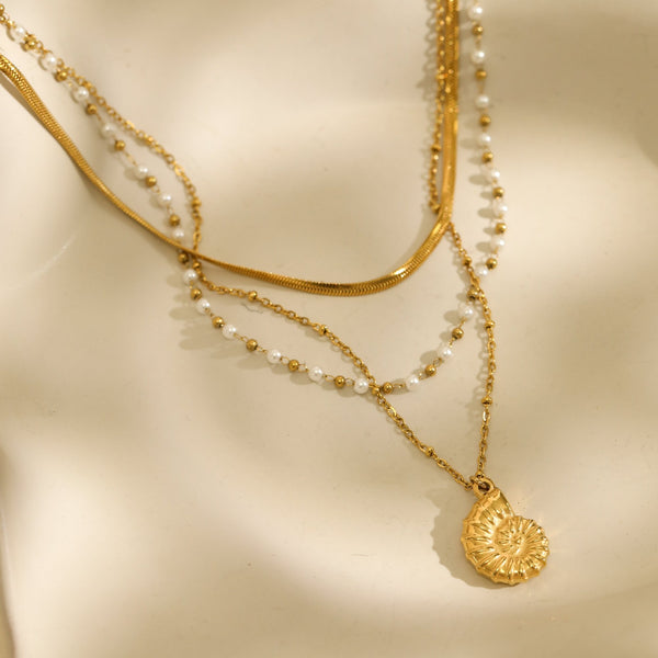 Jon Richard Gold Plated Waterproof Shell and Pearl Triple Row Necklace
