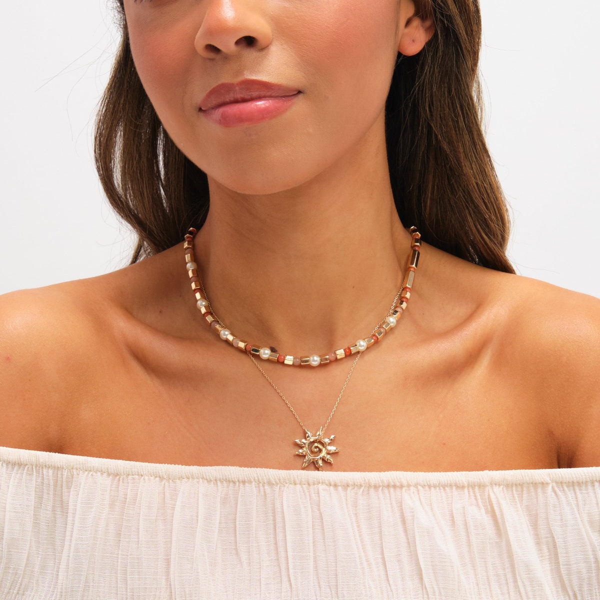 Mood Gold Plated Beaded Sun Double Row Necklace