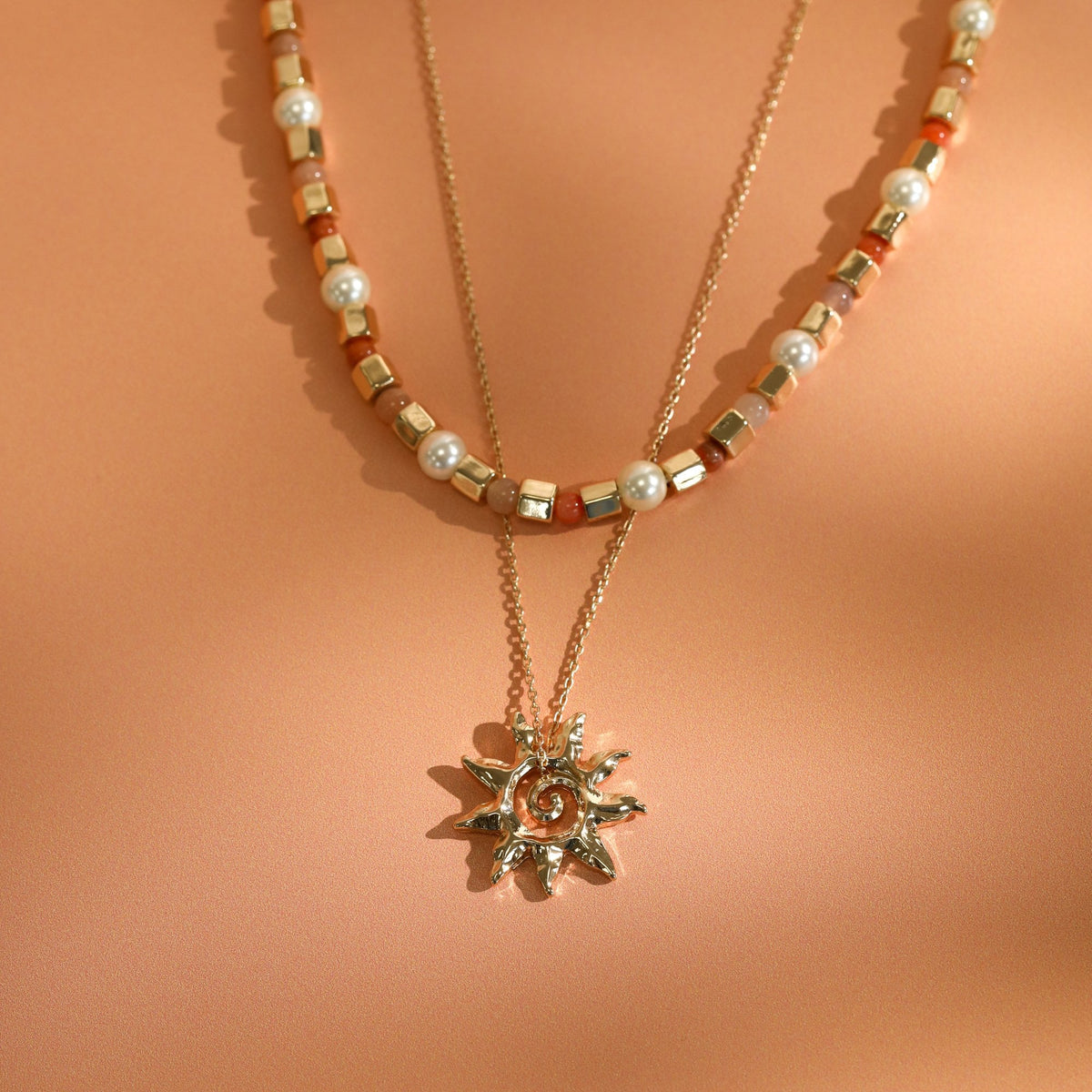 Mood Gold Plated Beaded Sun Double Row Necklace