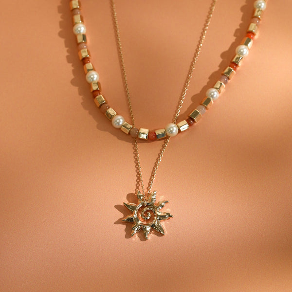 Mood Gold Plated Beaded Sun Double Row Necklace