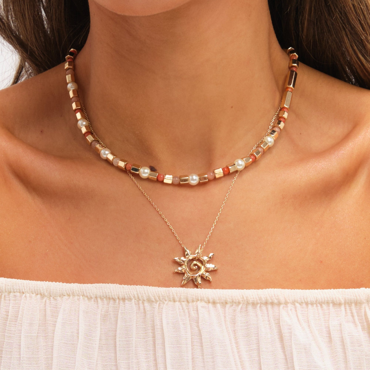 Mood Gold Plated Beaded Sun Double Row Necklace