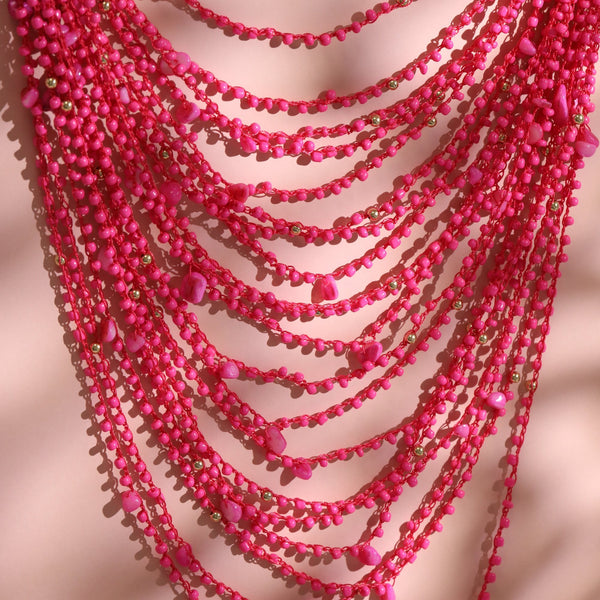 Mood Pink Beaded Statement Multirow Necklace
