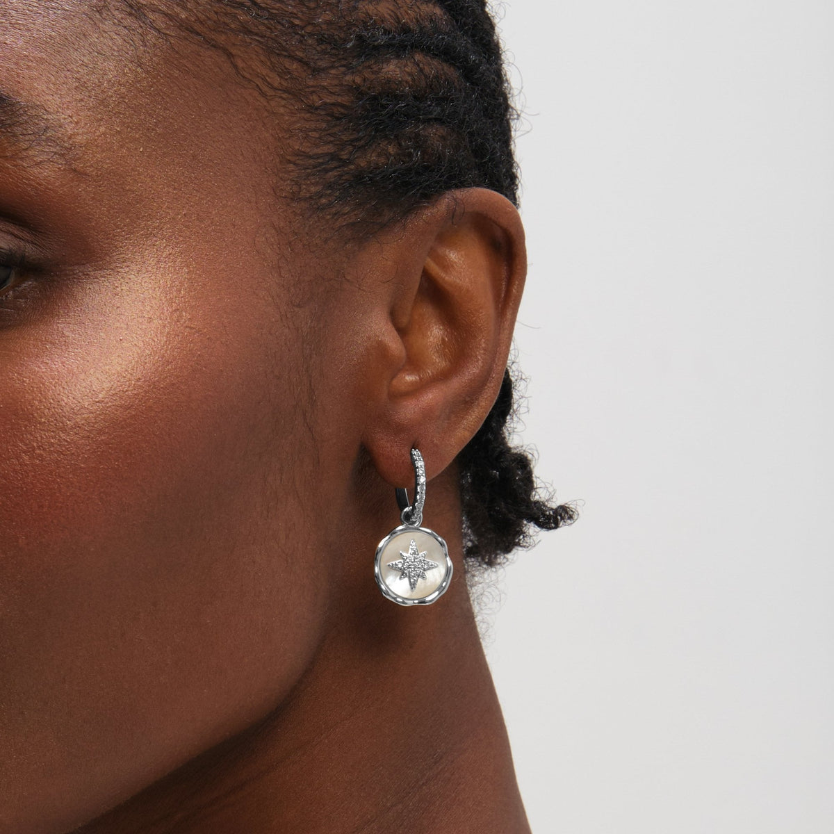 Inicio Sterling Silver Mother of Pearl Celestial Charm Hoops
