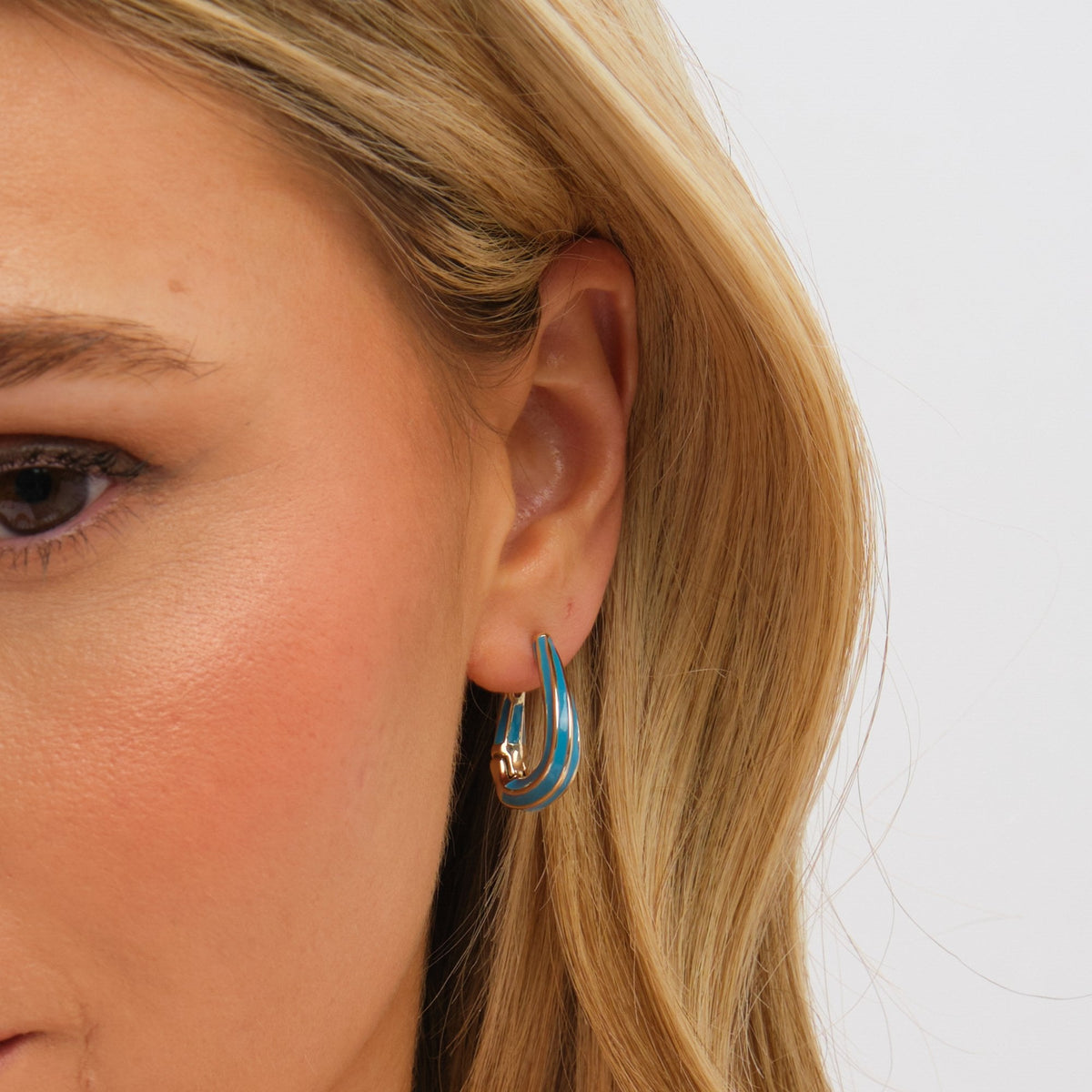 Inicio Gold Plated Polished and Blue Stripe Hoop Earrings - Gift Pouch