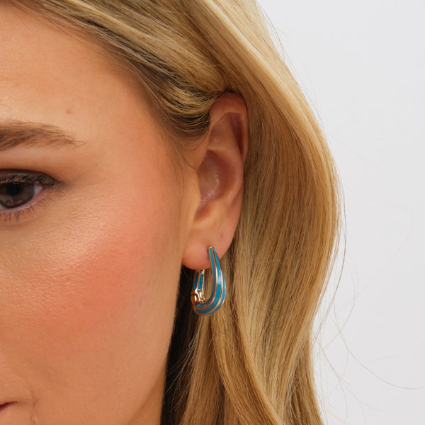 Inicio Gold Plated Polished and Blue Stripe Hoop Earrings - Gift Pouch