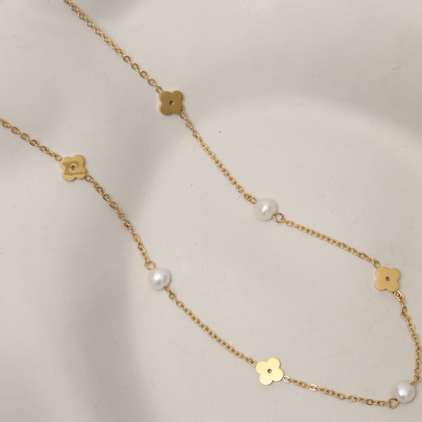 Jon Richard Gold Plated Waterproof Pearl and Floral Station Necklace