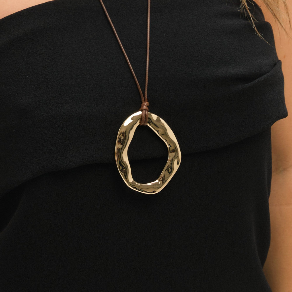 Inicio Gold Plated and Brown Cord Open Pendant - Gift Pouch