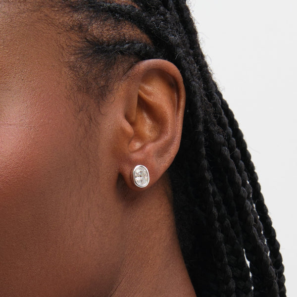 Inicio Sterling Silver Oval Cubic Zirconia Bezel Studs - Gift Pouch