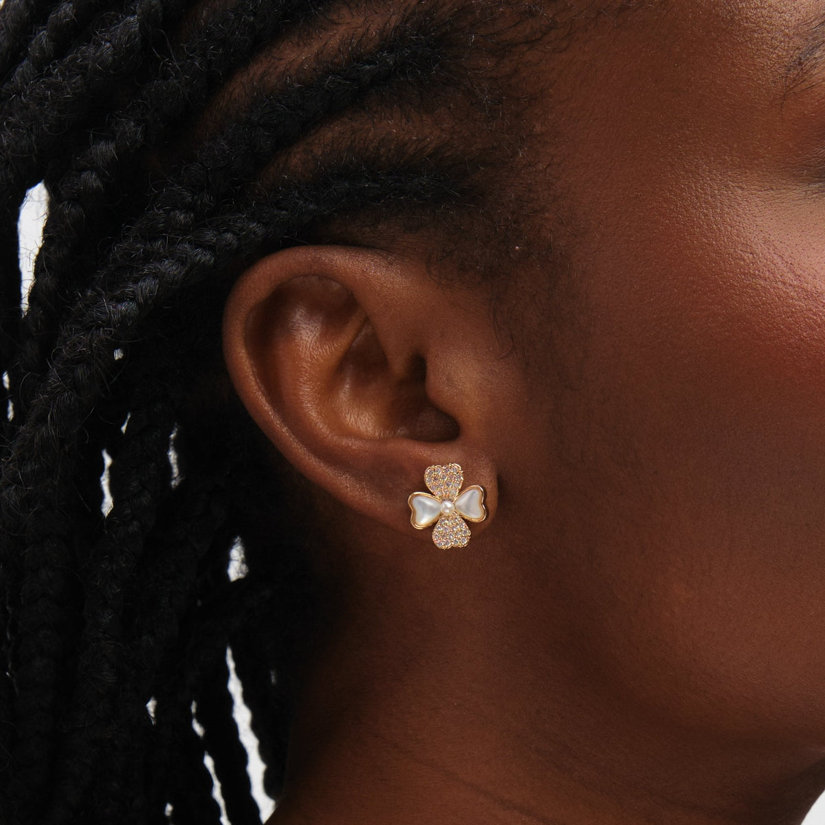 Inicio Gold Plated Mother of Pearl and Pave Clover Stud Earrings - Gift Pouch