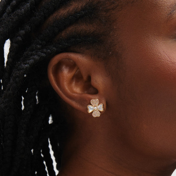 Inicio Gold Plated Mother of Pearl and Pave Clover Stud Earrings - Gift Pouch