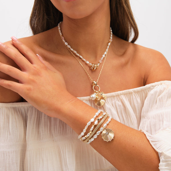 Mood Gold Plated Pearl Charm Stretch Bracelet - Pack of