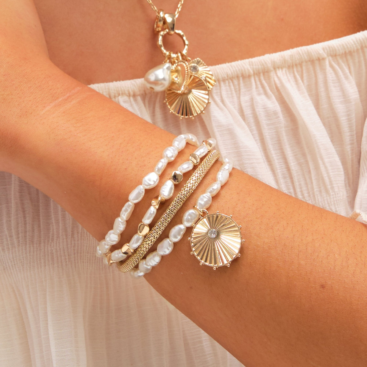Mood Gold Plated Pearl Charm Stretch Bracelet - Pack of