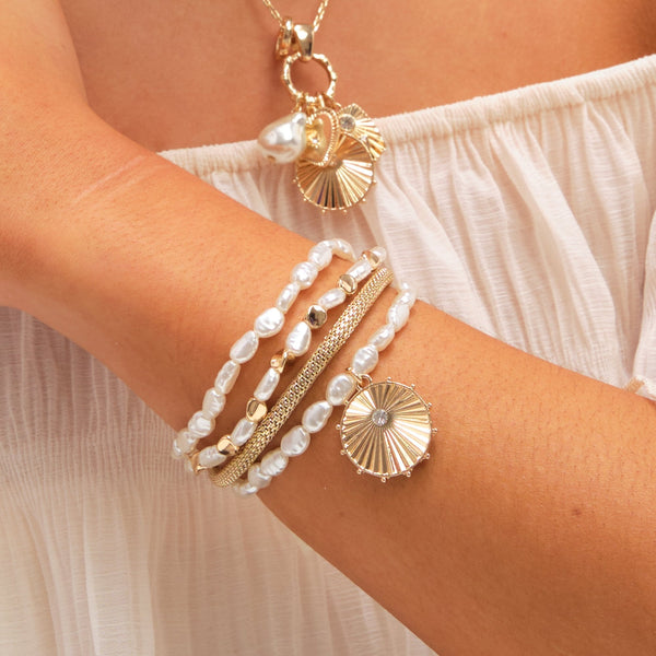 Mood Gold Plated Pearl Charm Stretch Bracelet - Pack of
