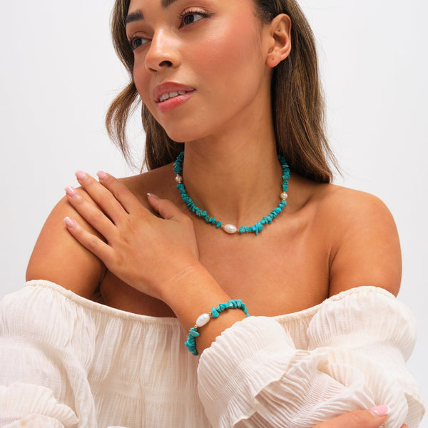 Mood Gold Plated Turquoise and Pearl Beaded Set