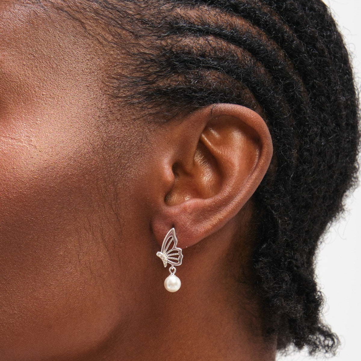 Inicio Sterling Silver Polished Butterfly Pearl Drop Earrings