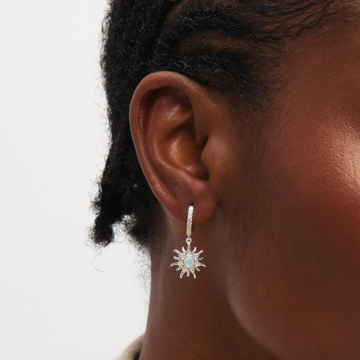 Inicio Sterling Silver Opal Sunburst Charm Hoops