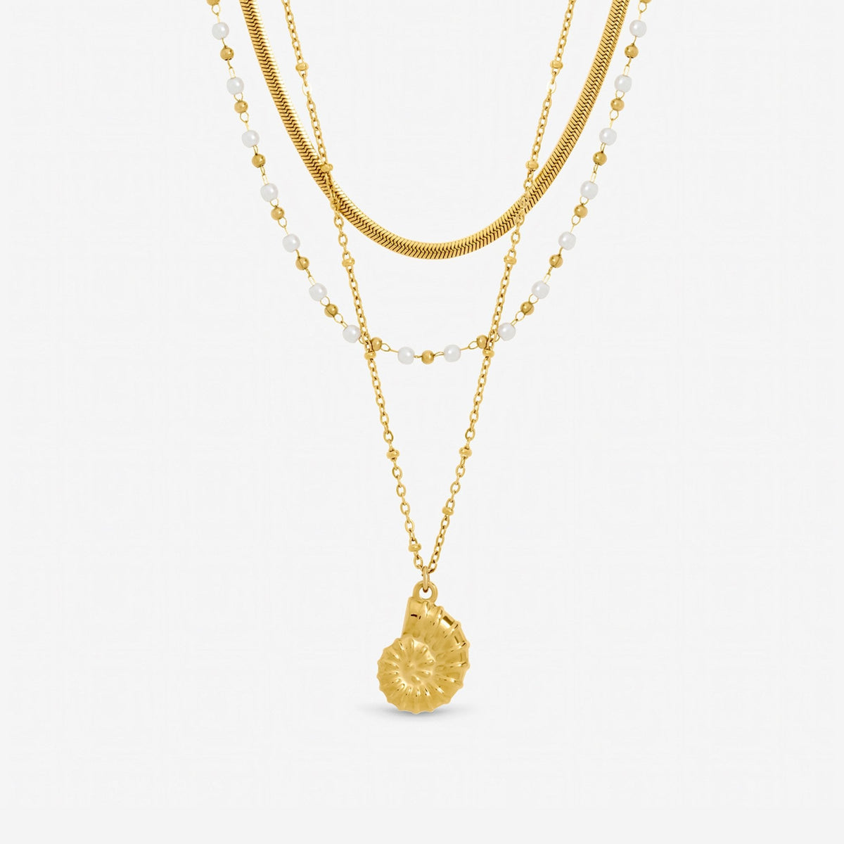 Jon Richard Gold Plated Waterproof Shell and Pearl Triple Row Necklace