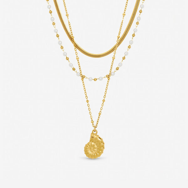 Jon Richard Gold Plated Waterproof Shell and Pearl Triple Row Necklace