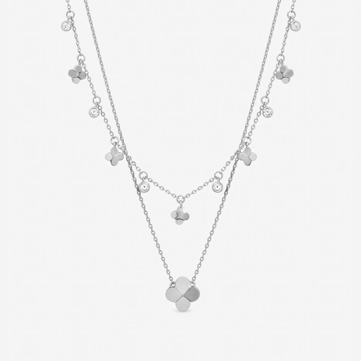 Inicio Sterling Silver Double Row Bezel Station Clover Necklace - Gift Pouch