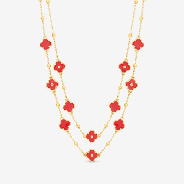 Mood Gold Plated and Coral Clover Double Row Necklace