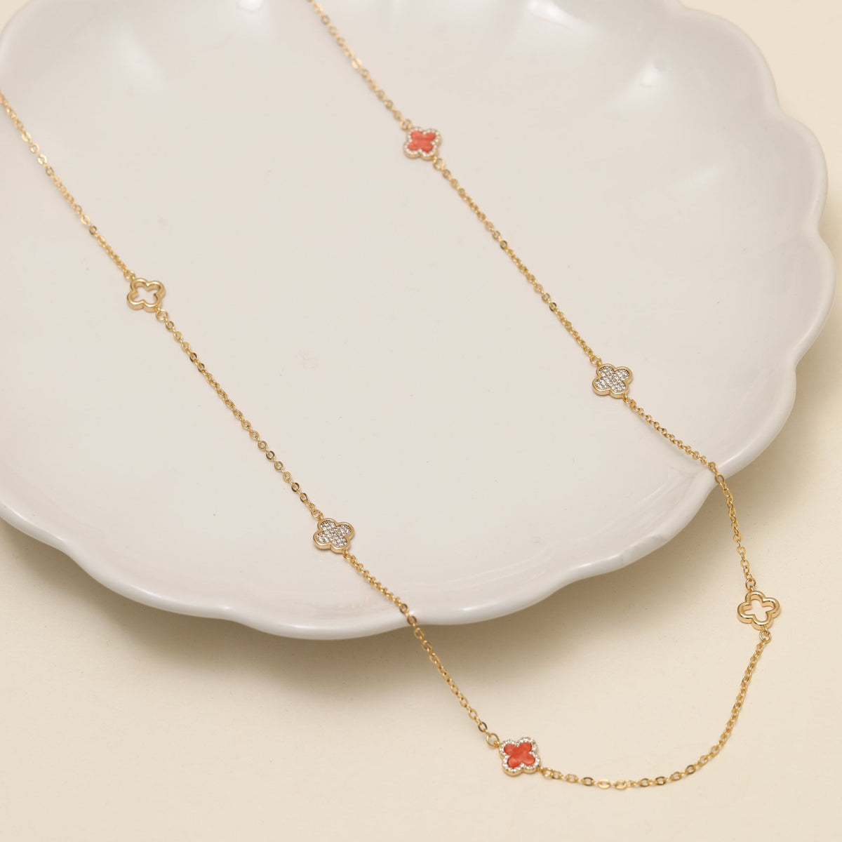 Jon Richard Gold Plated and Coral Long Station Clover Necklace