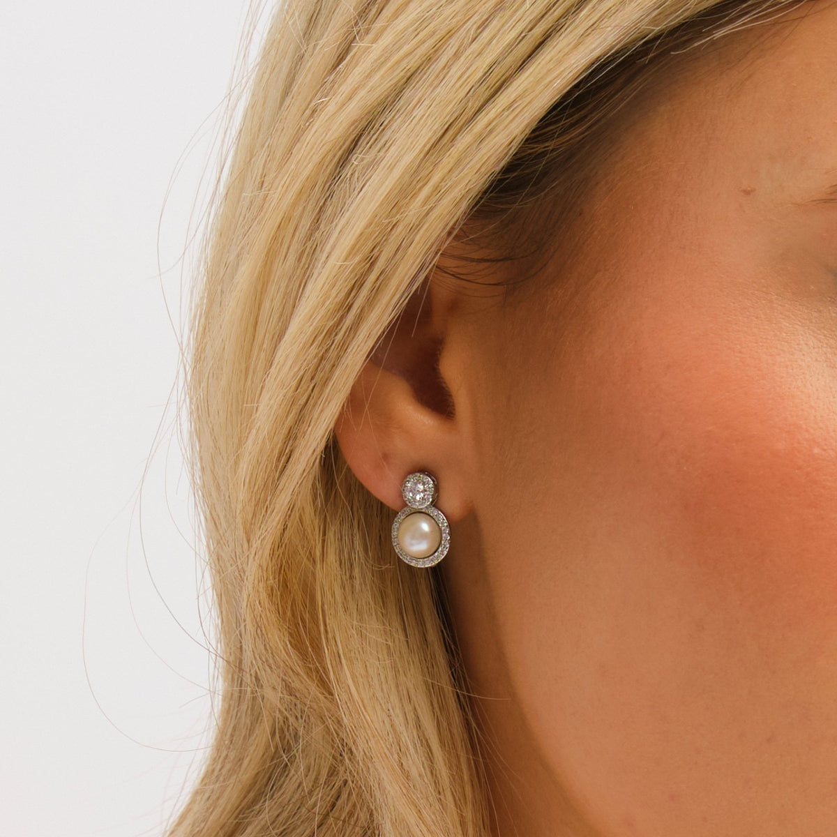 Jon Richard Rhodium Plated Pave and Fresh Water Halo Earrings